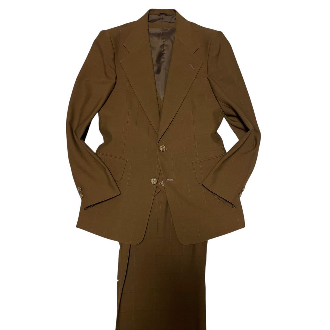 【ACE】スリーピース カジュアルスーツセットアップ チェック ベスト 茶 S