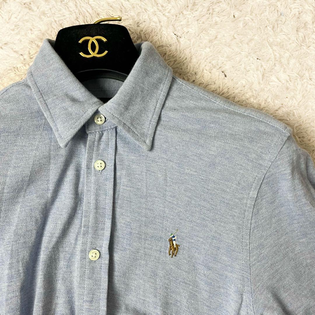 ラルフローレン ロング シャツワンピース 鹿の子 ベルト ポニー 水色 M