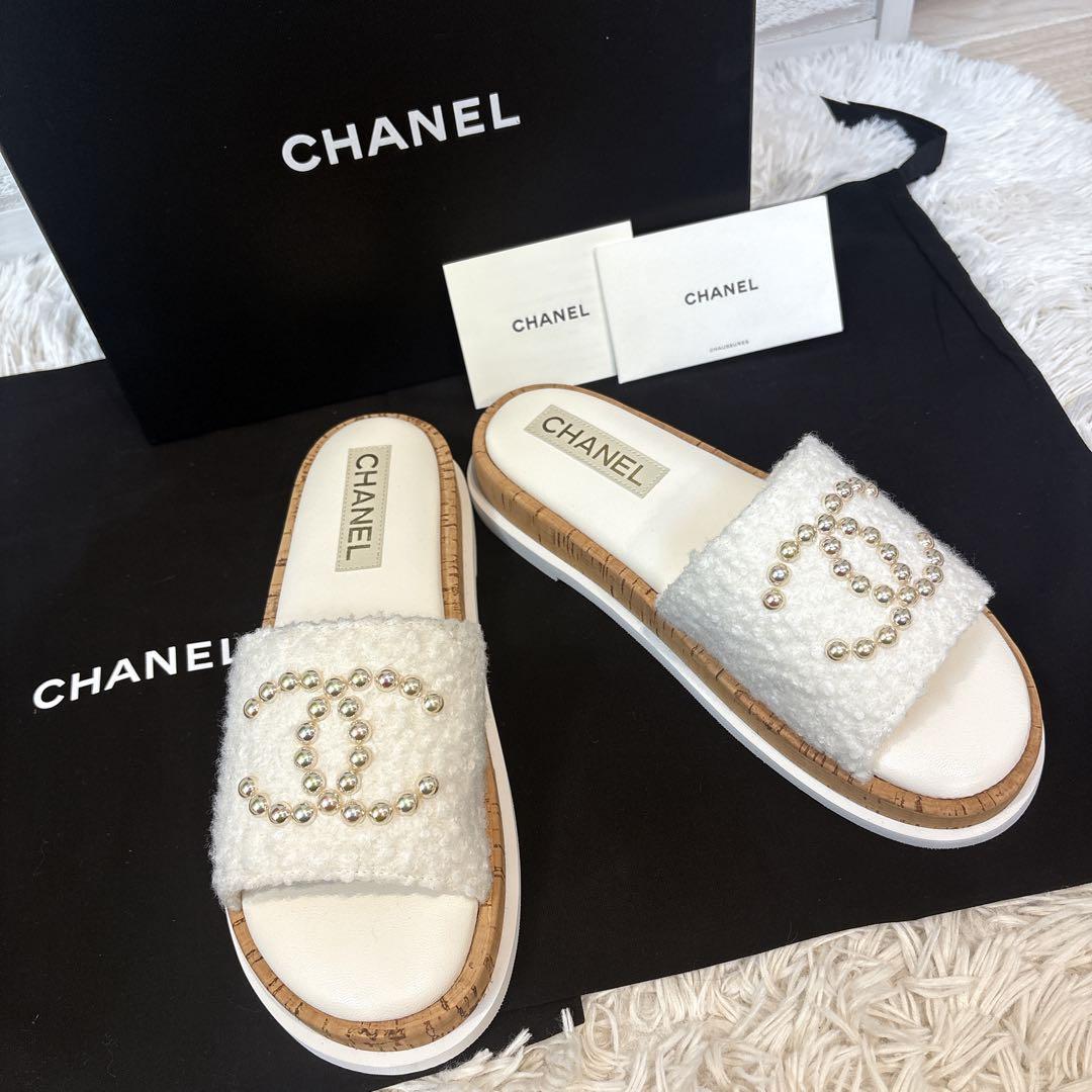 【未使用】　シャネル　パール　ココマーク　ツイード　フラットサンダル　24S