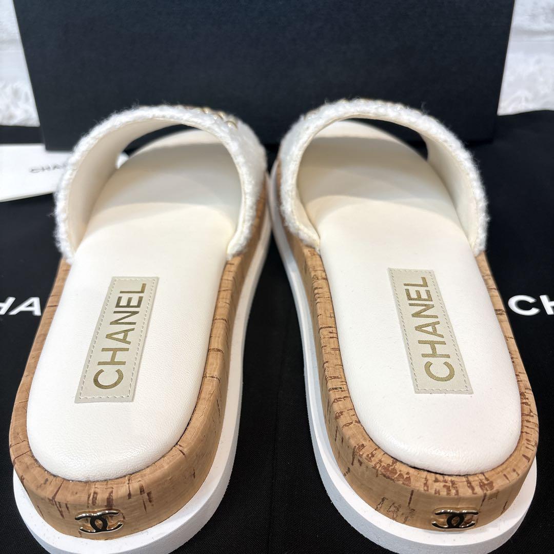 【未使用】　シャネル　パール　ココマーク　ツイード　フラットサンダル　24S