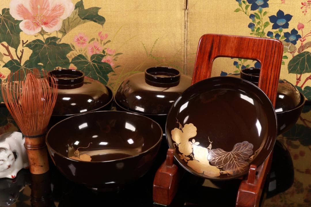 時代漆器　輪島塗　瓢箪図蒔絵　吸物椀　四客　木製　細密 BJ125