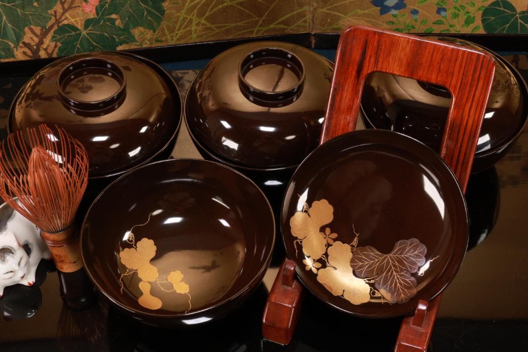 時代漆器　輪島塗　瓢箪図蒔絵　吸物椀　四客　木製　細密 BJ125