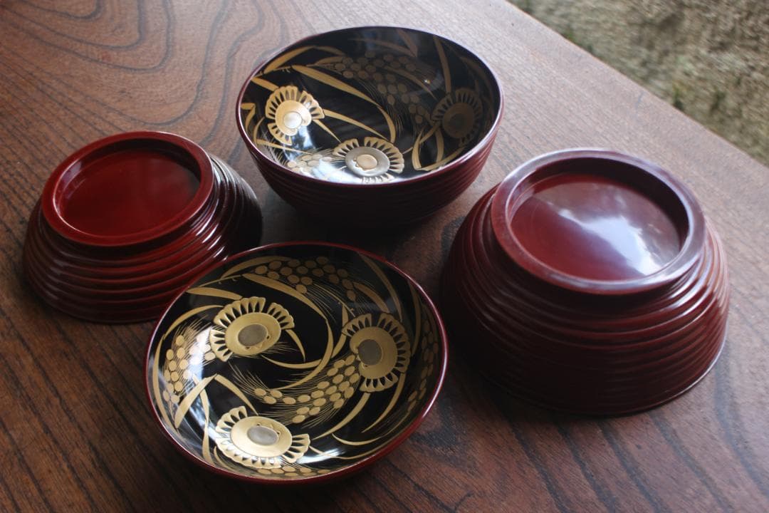 デッドストック！深みある糸目紅溜塗に極上稲穂福来雀蒔絵のお椀2点（検輪島塗雑煮椀