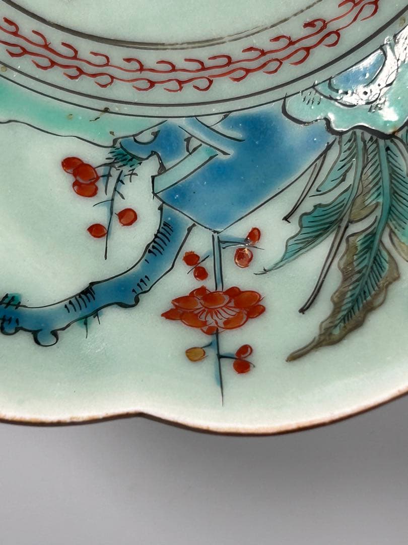 古伊万里　江戸青磁　柿右衛門手　青磁五弁花梅文様膾皿　五点　なます皿　菊　岩赤絵