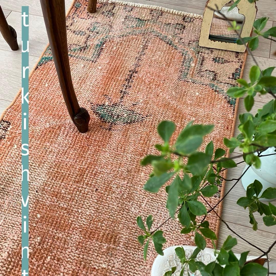 オレンジ✳︎95×46 グリーン　アート　シャンデリア　トルコヴィンテージラグ