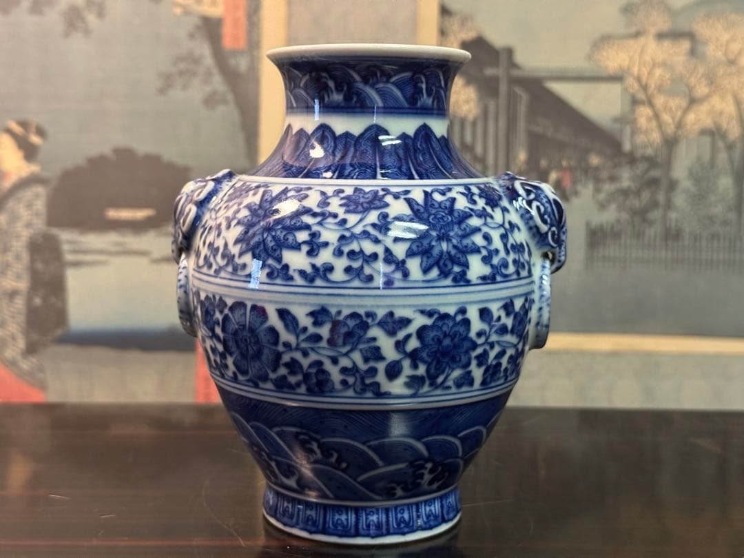 染付雙耳小壺 大清乾隆年製 清花瓶 箱付 中國古美術 高 15cm