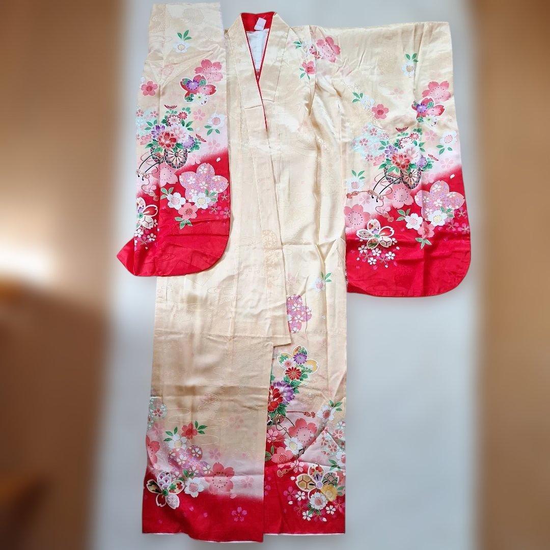 七五三　七歳用正絹着物と作り帯、小物セット中古品