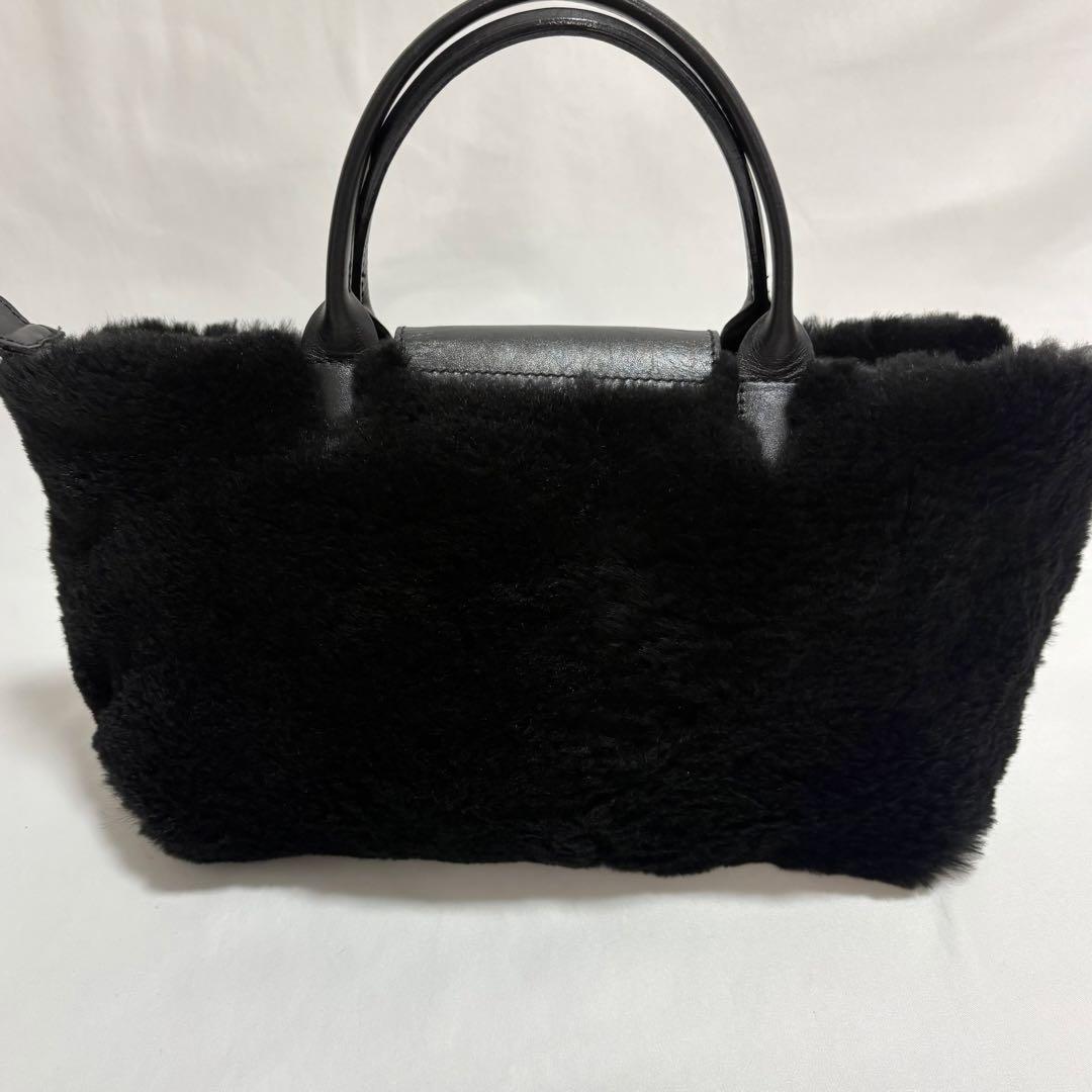 希少 ロンシャン プリアージュ ラビットファー ハンドバッグ 黒色 フランス製