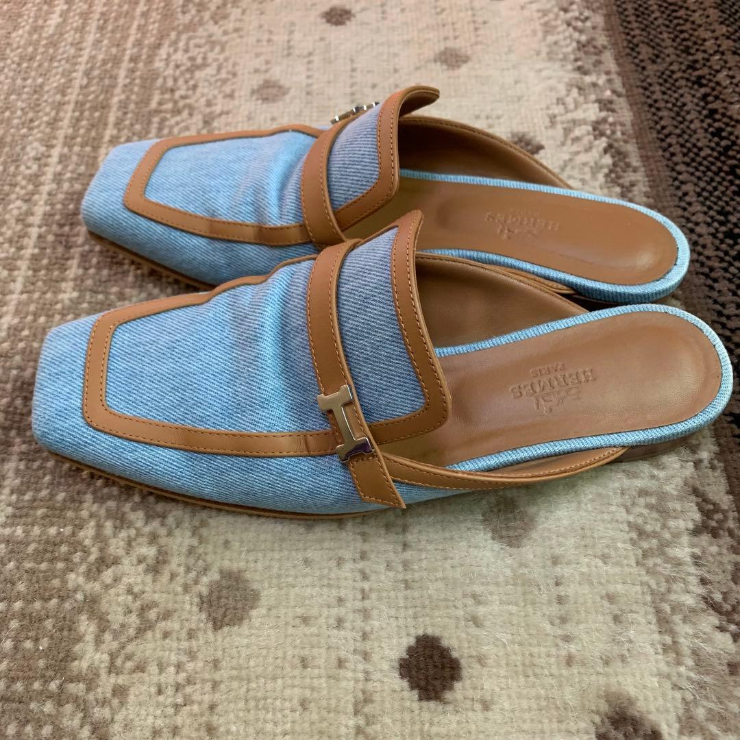 HERMES エルメス グルーピー デニム レザー サンダル 35 22.5cm