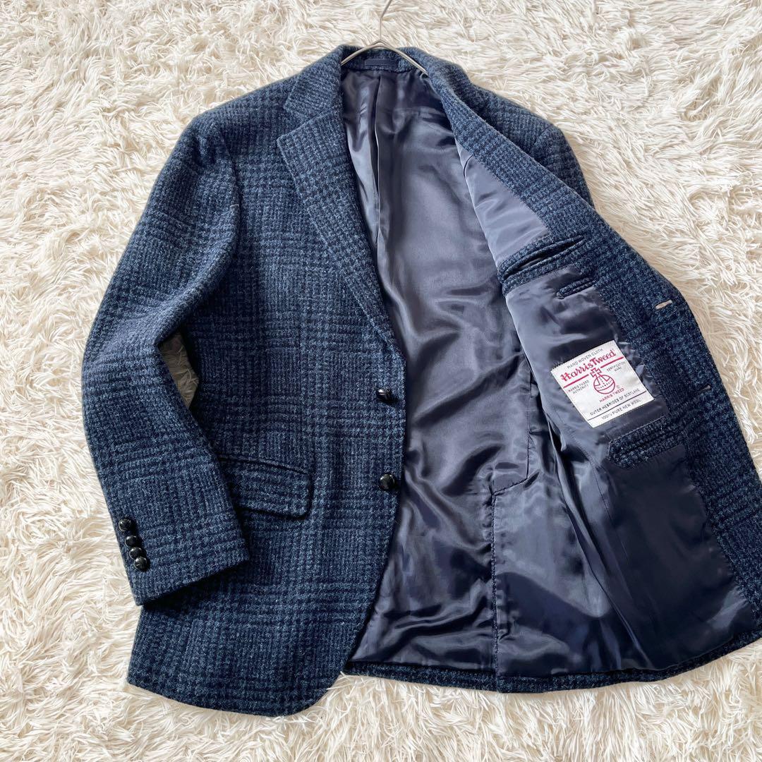ハリスツイード テイジン テーラードジャケット M相当 グレンチェック ネイビー