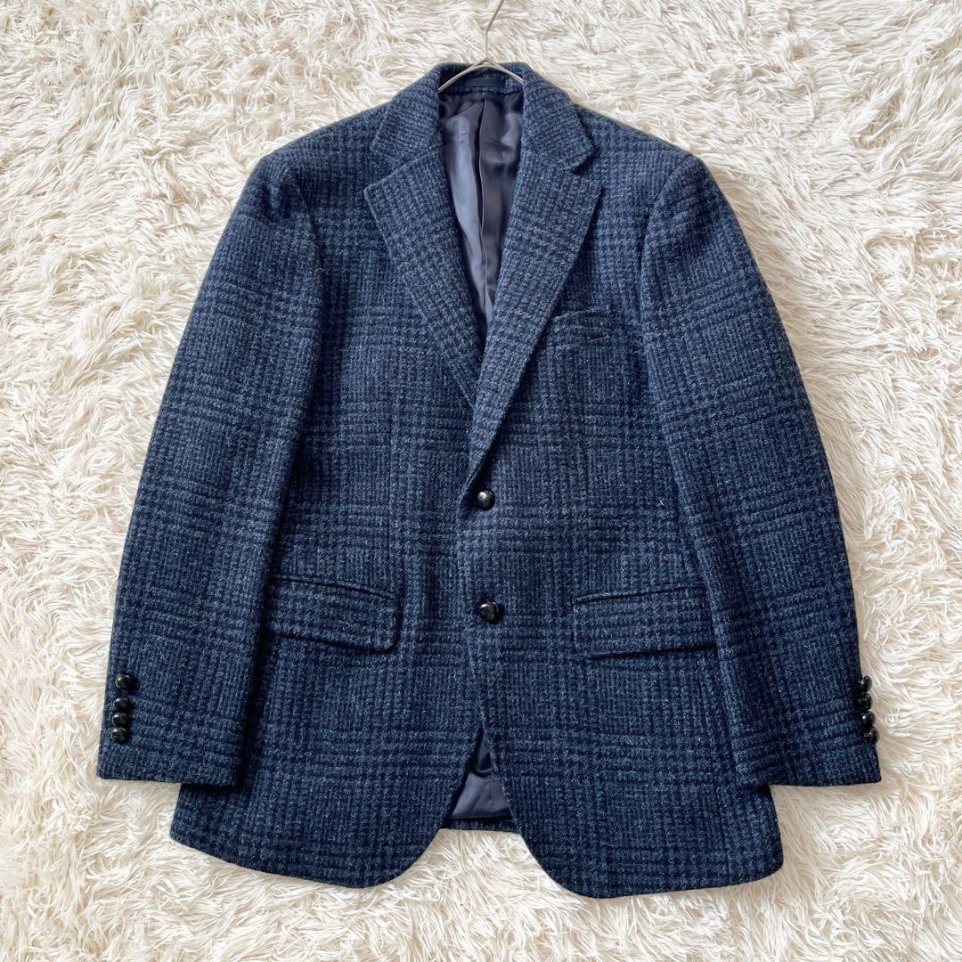 ハリスツイード テイジン テーラードジャケット M相当 グレンチェック ネイビー
