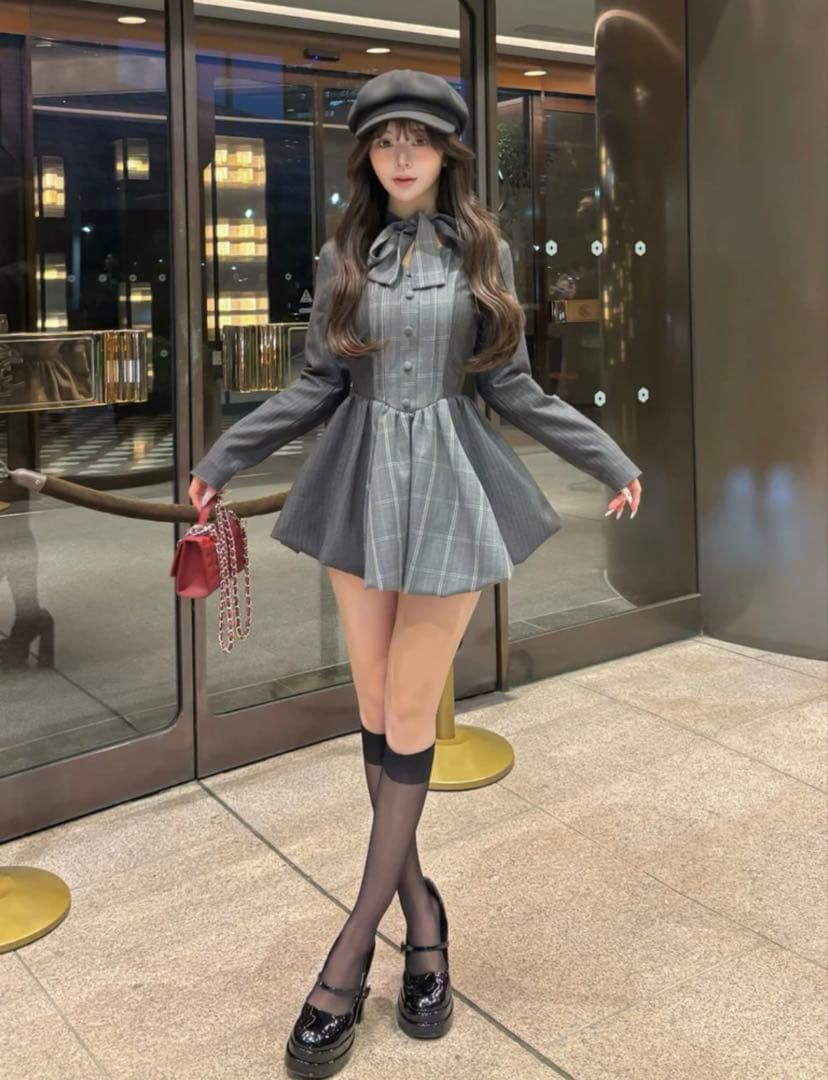 Darich チェックストライプバルーンミニワンピース