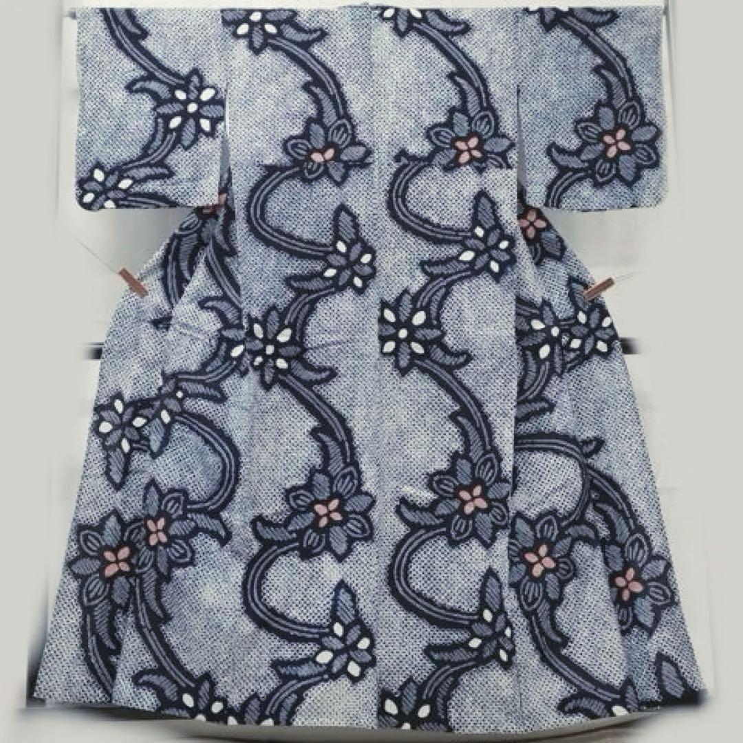 有松絞り　浴衣　身丈158 三浦絞り　紺地　花文様　綿　有松鳴海絞り