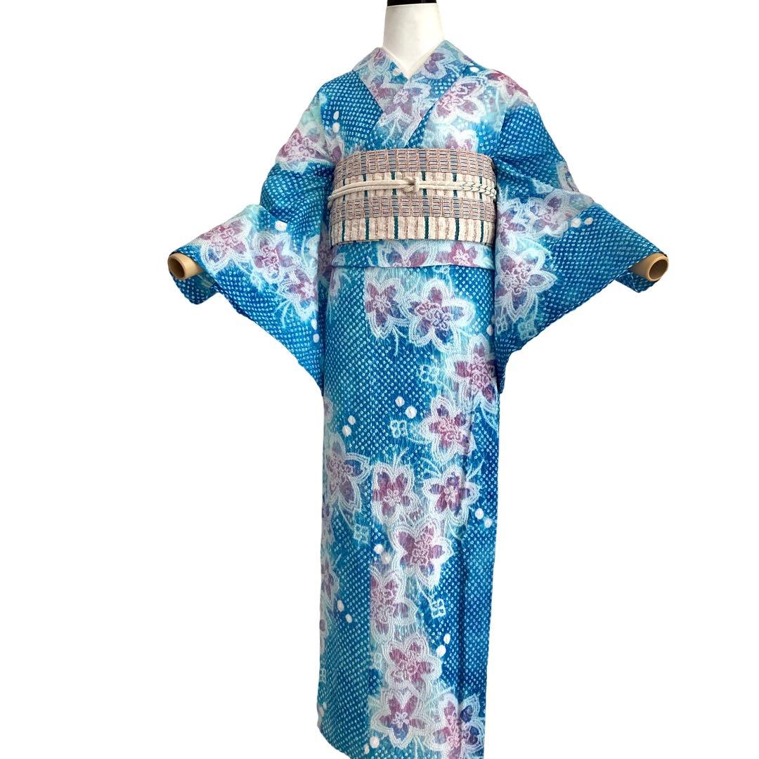 爽やかブルー　身丈153 有松絞り　絞り染め　絞り浴衣　総絞り　浴衣　NO6
