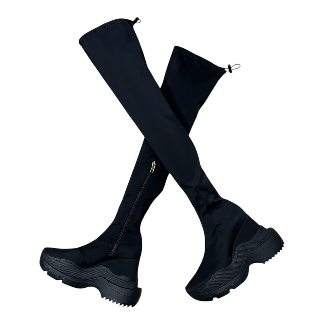 【極美品】YELLO 厚底ストレッチニーハイ ブーツS黒サイドジップ Y2K