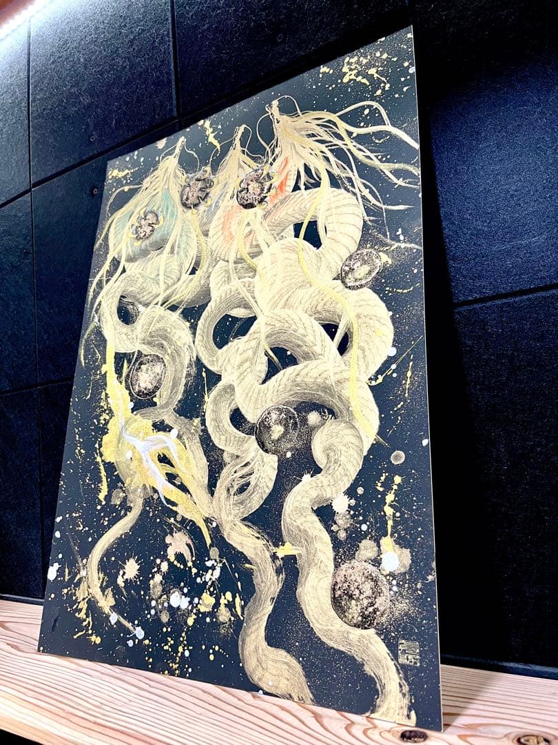 A2サイズ特大　【三柱龍神】　開運　置物　龍　絵画　一筆龍　隕石