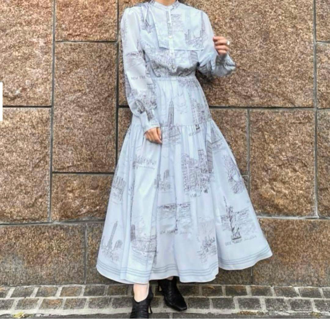 【極美品】グレースコンチネンタル ティアード NYプリント ロングワンピース