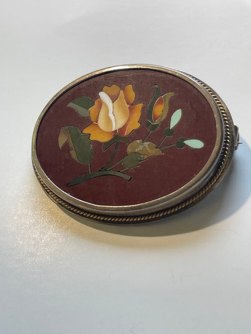 イタリア製 Pietra Dura象嵌細工 バラ文様 ブローチ シルバー800