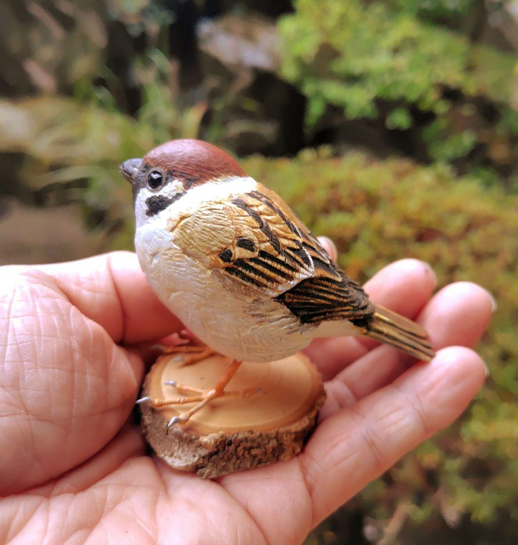 小さなバードカービング ふくらスズメ(福良雀) 野鳥 木彫り