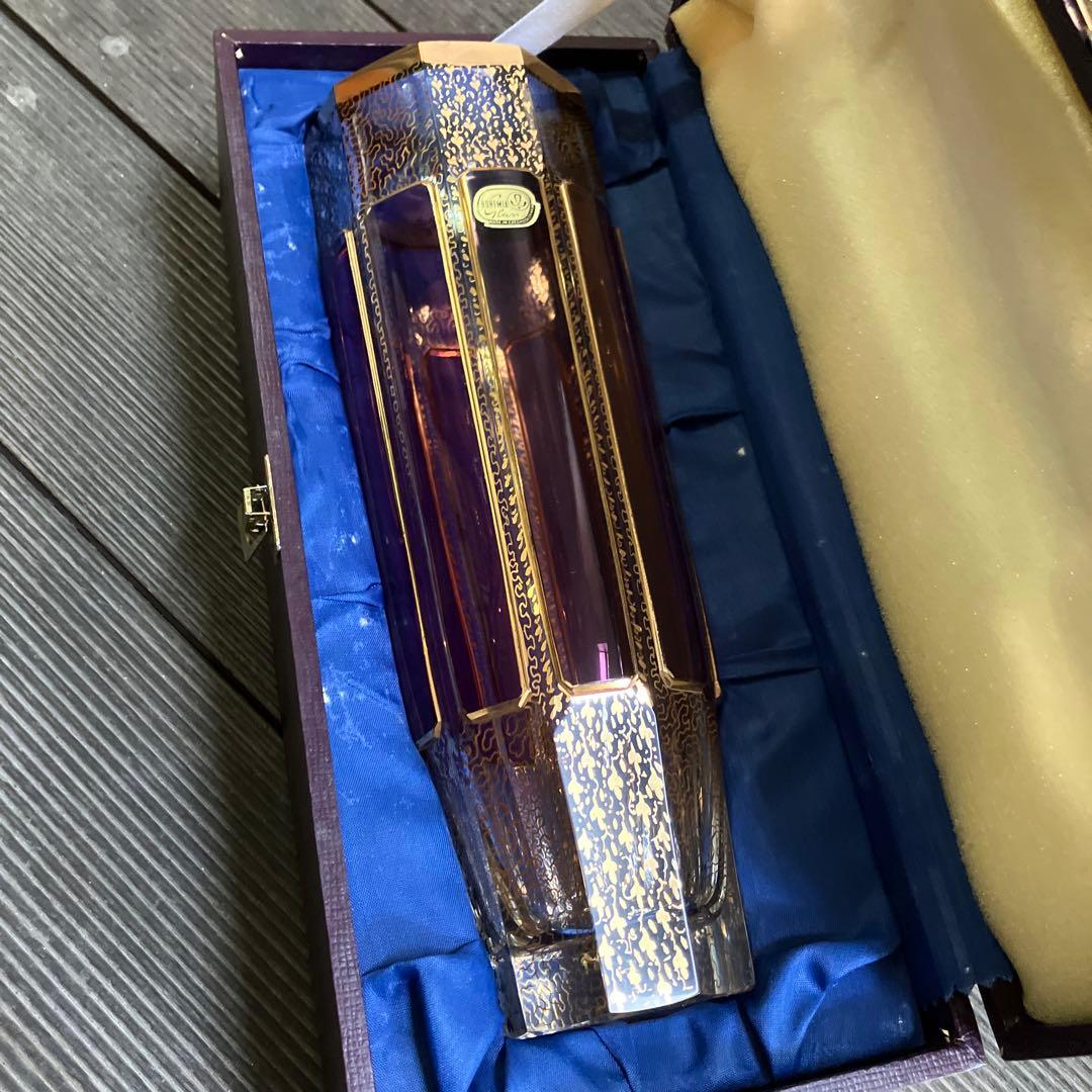 Bohemia ボヘミアガラス パネル花瓶　金彩 レリーフ フラワーベース