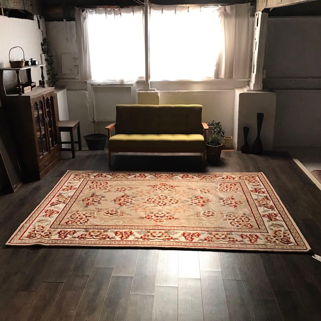 花柄 和風 ラグ ラグマット 段通 絨毯169×241cm ベージュ