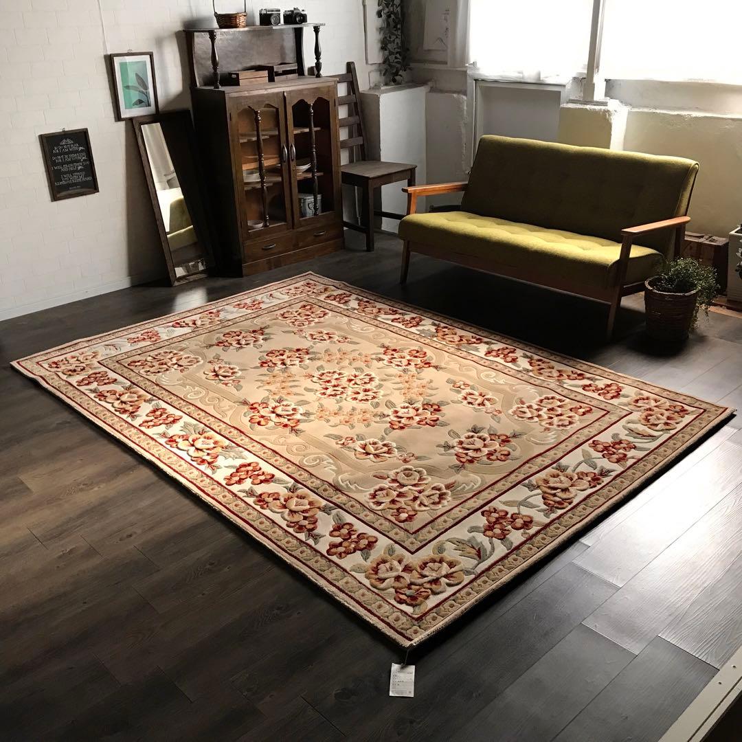 花柄 和風 ラグ ラグマット 段通 絨毯169×241cm ベージュ