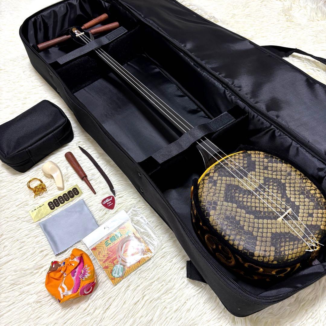美品　沖縄三線 蛇皮　合皮　工四合 初心者 入門者 ソフトケース付　付属品多数