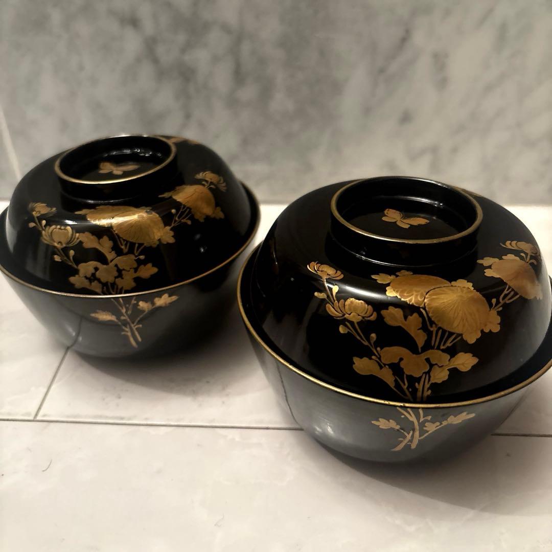 芸術的なお花、蝶々とふんだんに使われた金彩が美しい豪華絢爛な木製輪島漆塗お椀2客